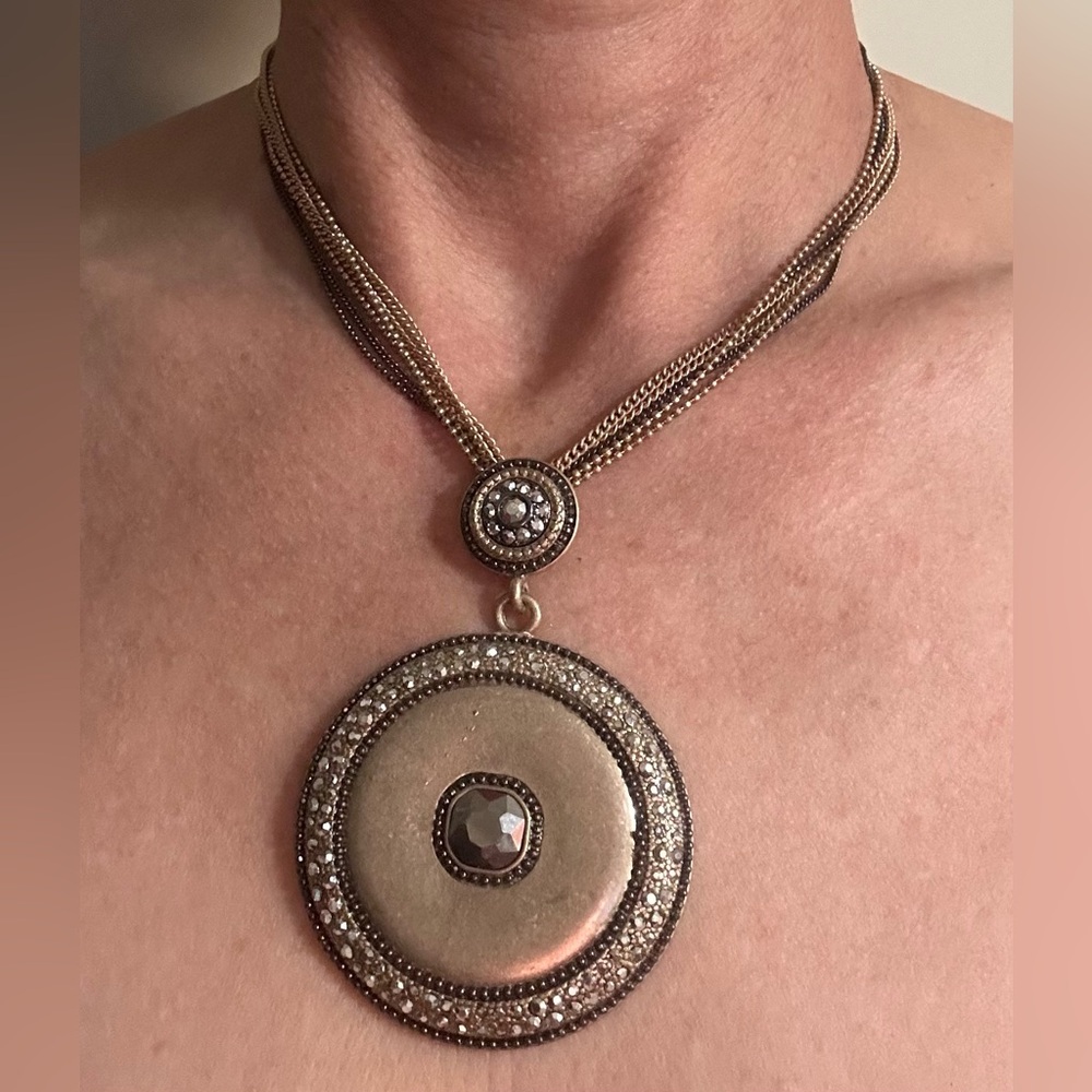 Vintage Gold Metal Tone Statement Pendant Embellished Medallion Boho Necklace